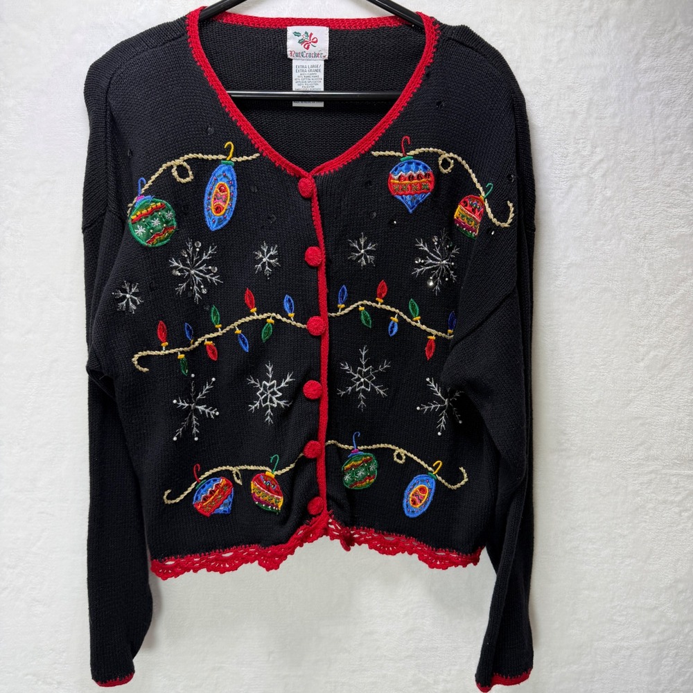NutCracker Womens XL Black Red Christmas Sweater Hidden Button Cardigan Crochet